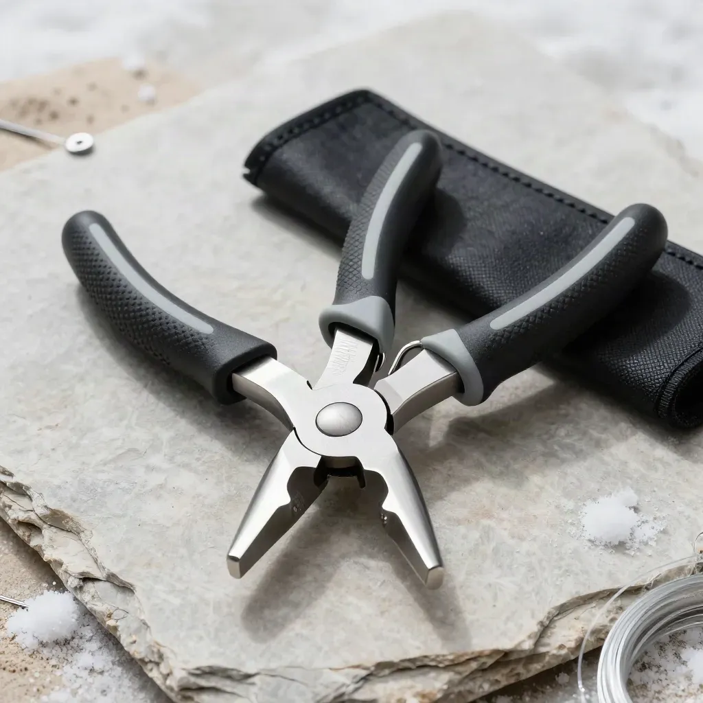 Salt-safe fishing pliers and sheath on pale slate with crisp coastal studio light.