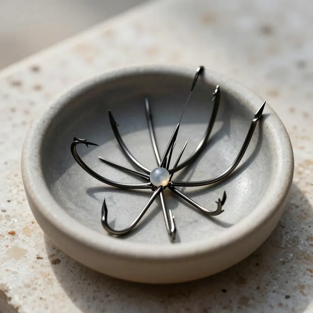 Ten mosquito hooks in a ceramic dish with one bead and leader line, macro close-up.