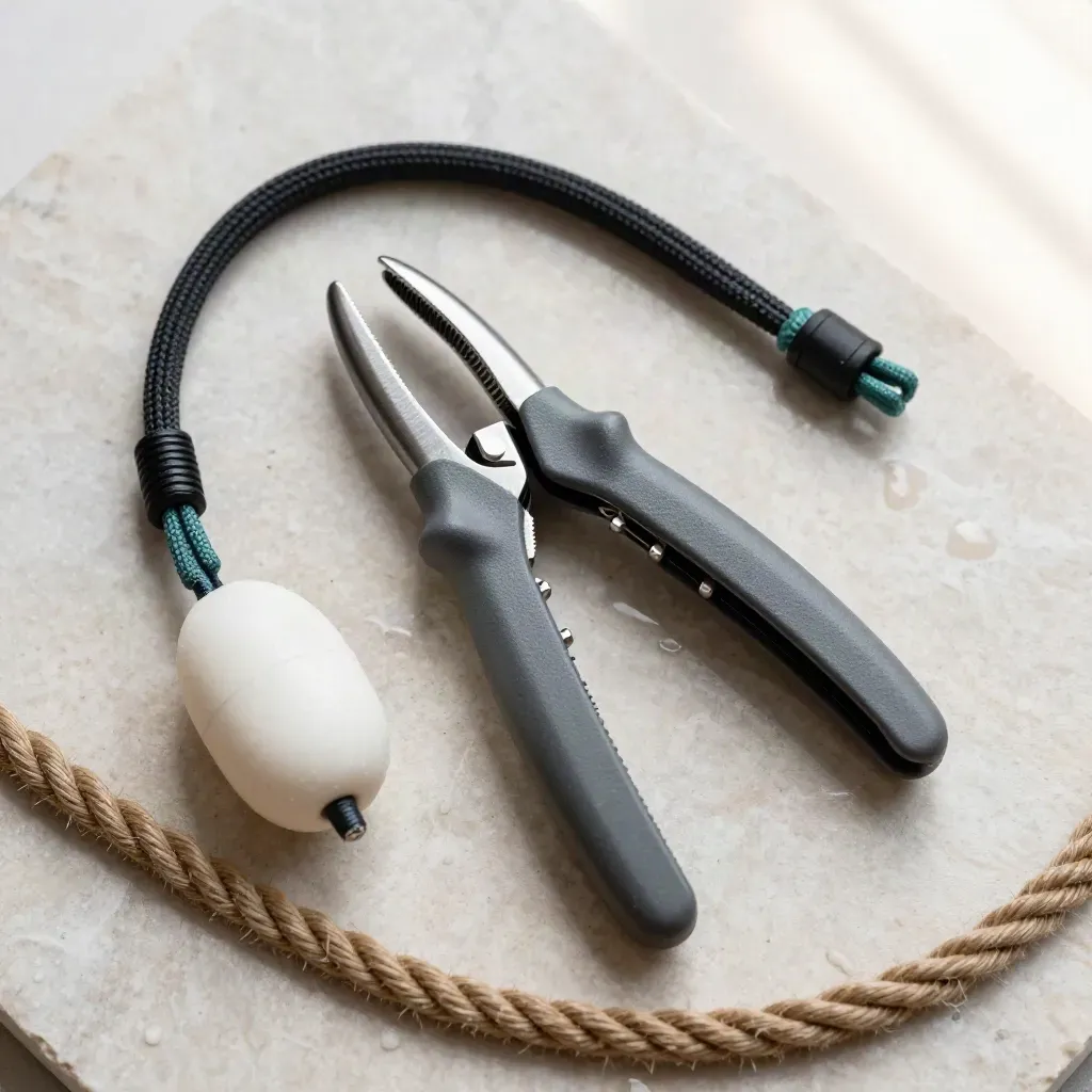 Top-down fishing grips with lanyard, float and wet rope on pale stone.