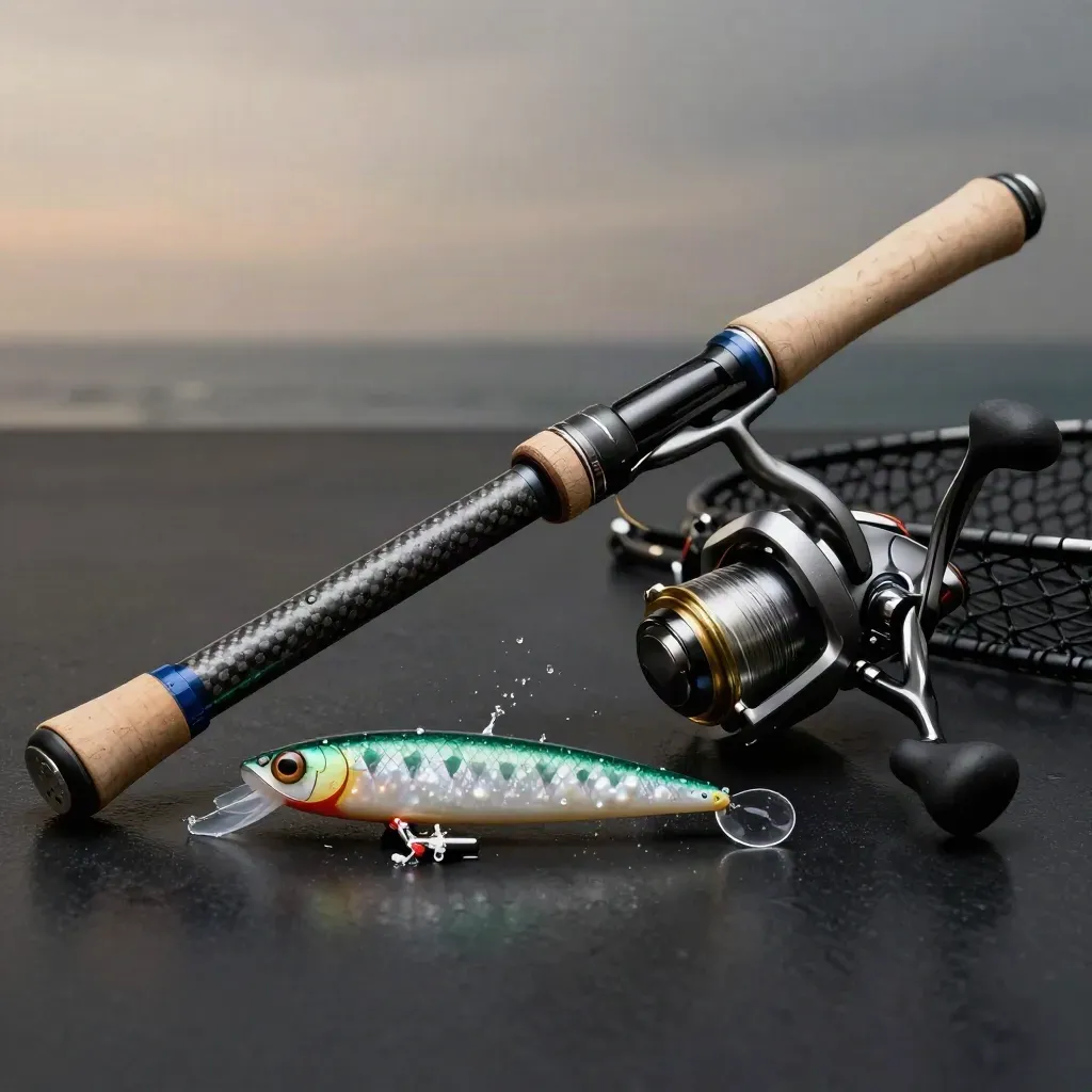 Rod and reel combo with lure and net ring in dramatic surf spray lighting.