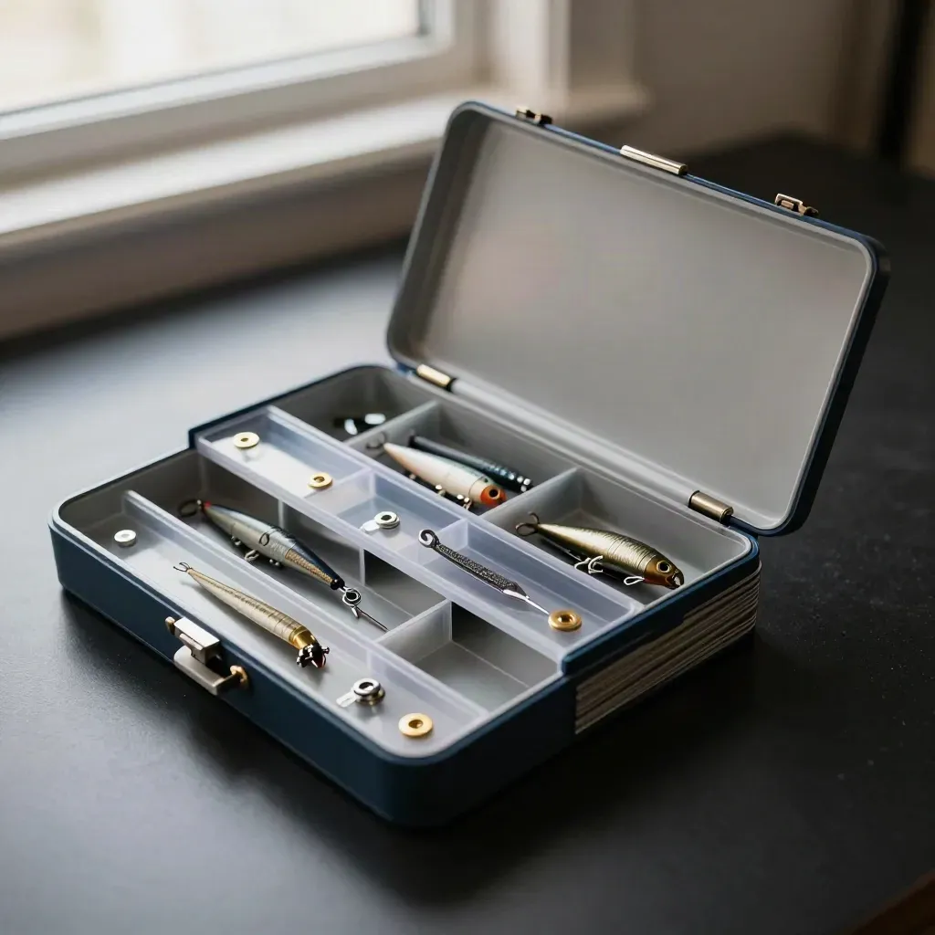 Open deep tackle tray with lures and swivels in a dramatic studio product shot.