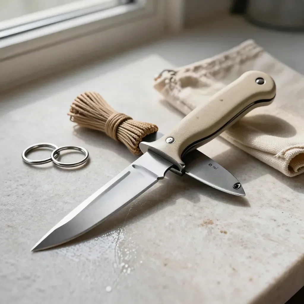 Bait knife and sheath on pale stone with salt mist and small tackle accents.