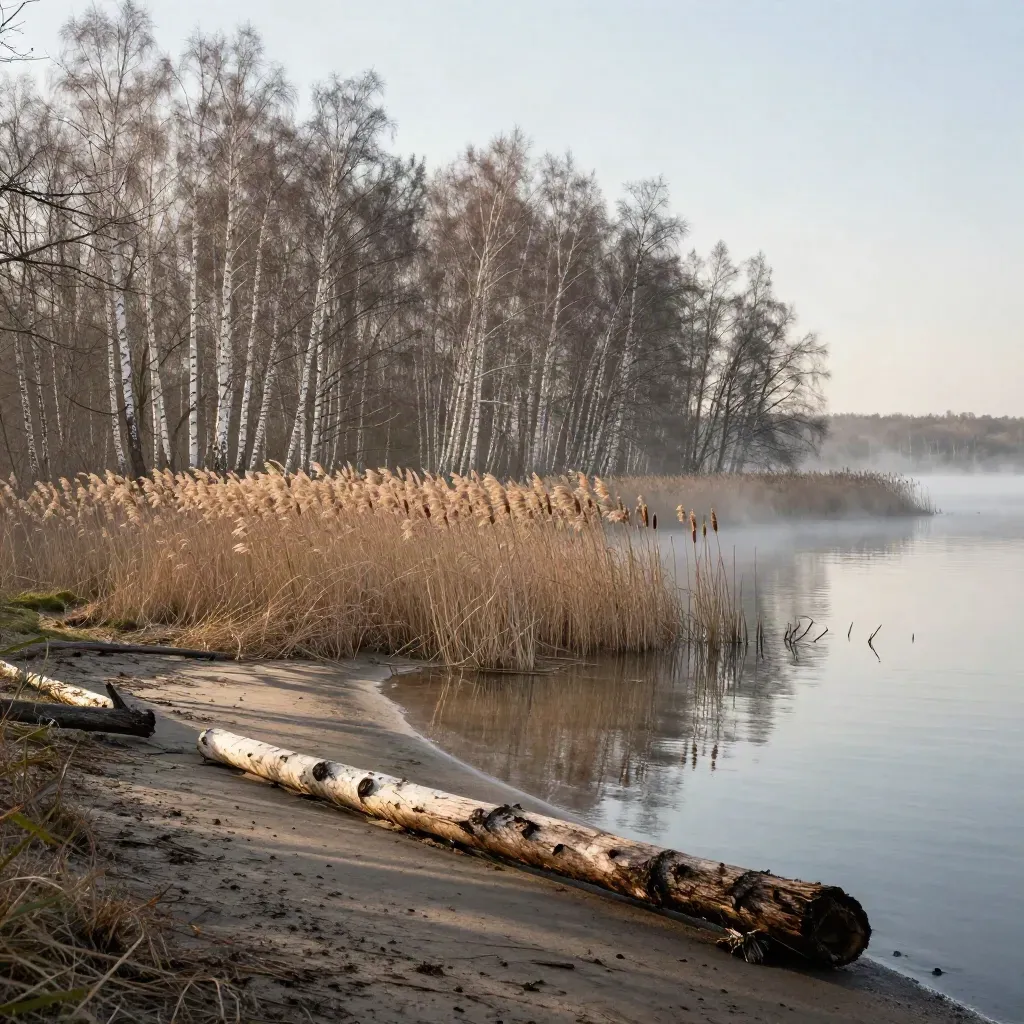 Pale birch shoreline and reeds beside a glassy freshwater bay in soft morning haze.