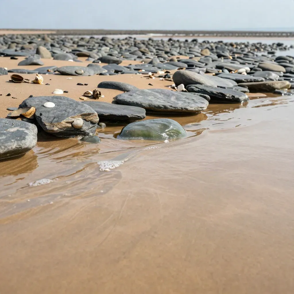 Golden tidal shallows with amber ripples and smooth stones under soft coastal light.