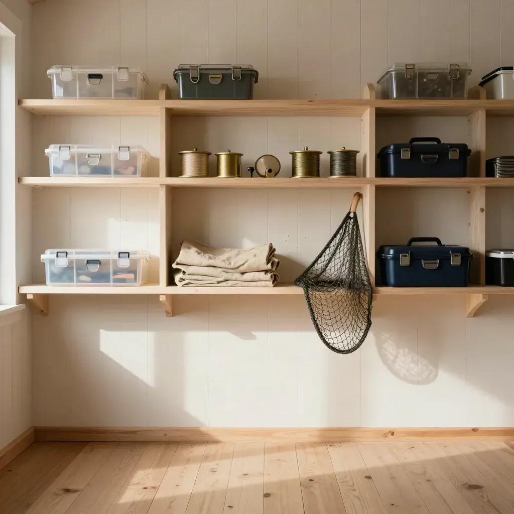 Cedar boathouse shelves with tackle boxes, hook tins, line spools and a folded net, softly lit.