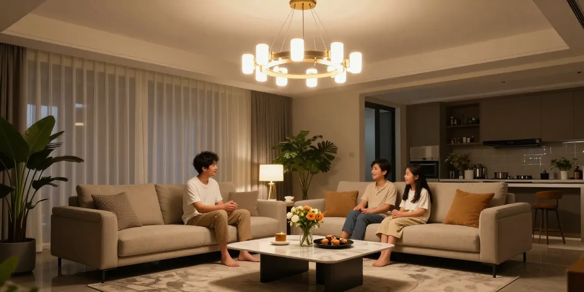 Candelabru living elegant, familie bucurându-se de o seară caldă în living cu iluminat LED sofisticat.