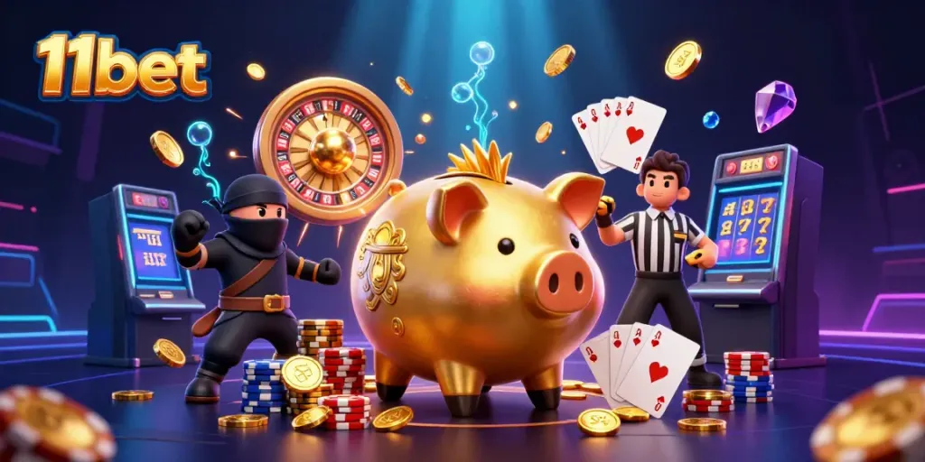 Engage with 11bet's thrilling casino scene featuring dynamic characters and vibrant gaming elements.