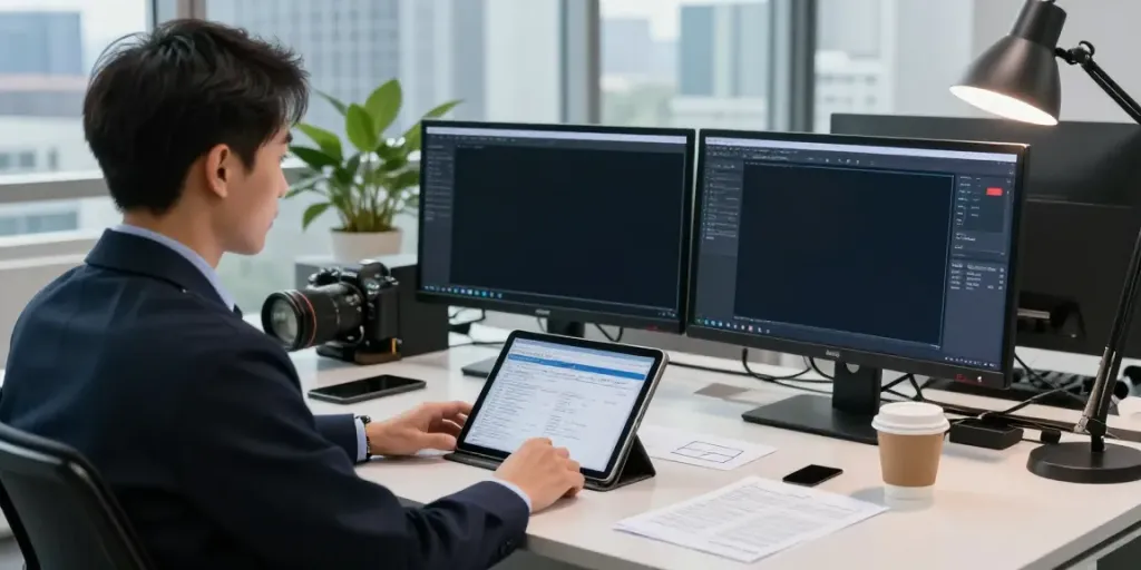 www.goodtam.com investigator at a modern desk with multiple screens displaying case files and tools.