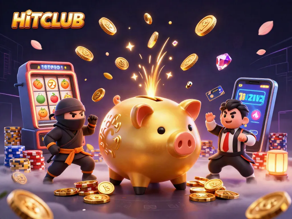 Hitclub showcases an energetic casino scene with golden piggy bank wrestler and dynamic slot machine vibes.
