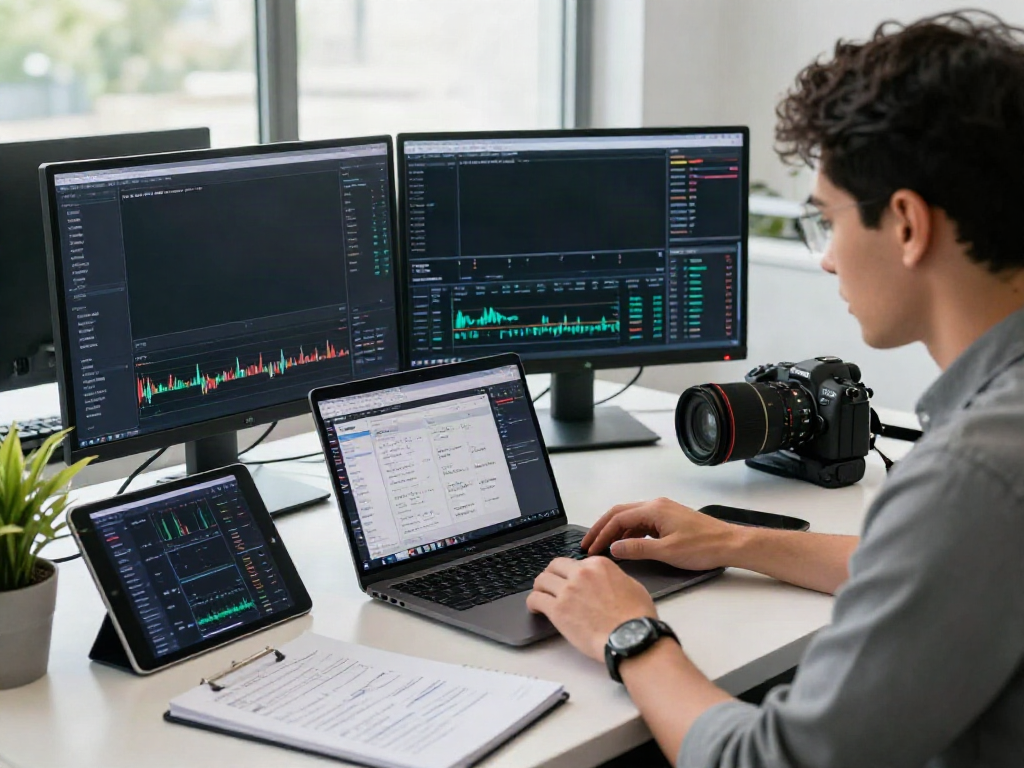 Dynamic trading scene of a professional at slatecapivex.ca analyzing AI market data.