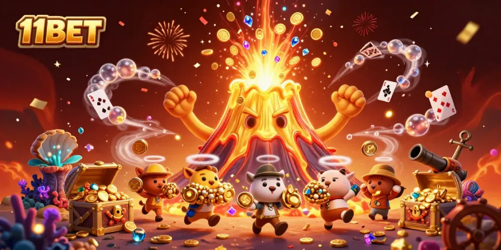 11BET's colossal golden volcano triumphantly erupts with coins and treasures, celebrating your betting wins.