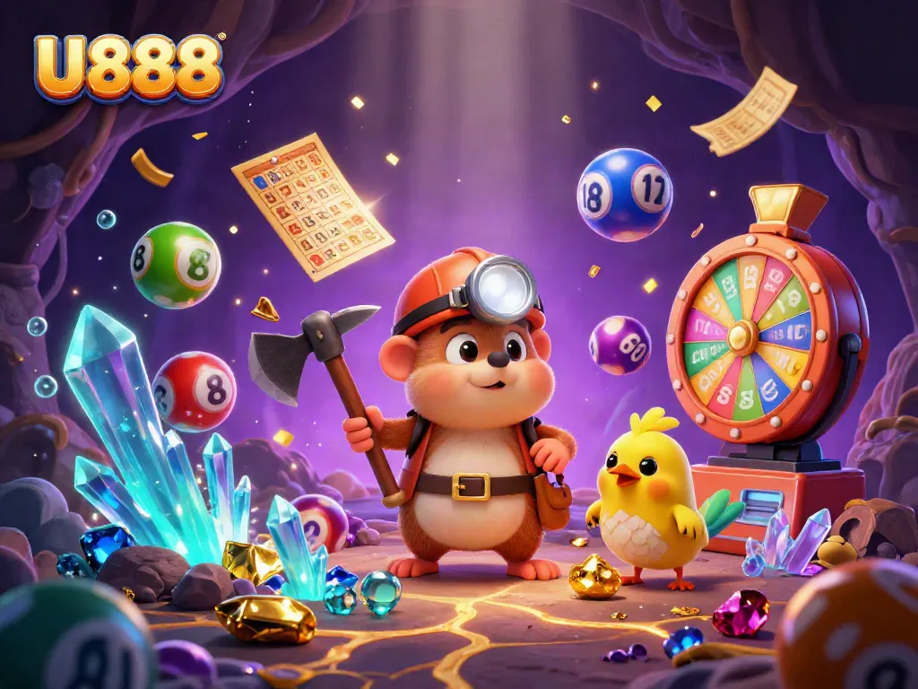 Join the treasure hunter mole on U888's thrilling gaming adventure amid dazzling casino elements.