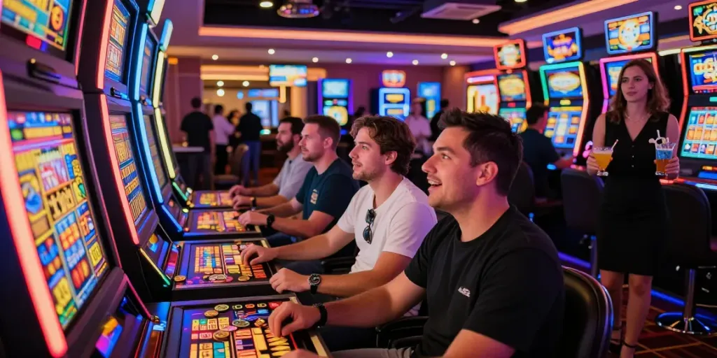 Slot mesin permainan yang meriah di kasino, dengan pemain menikmati pengalaman dan semangat.