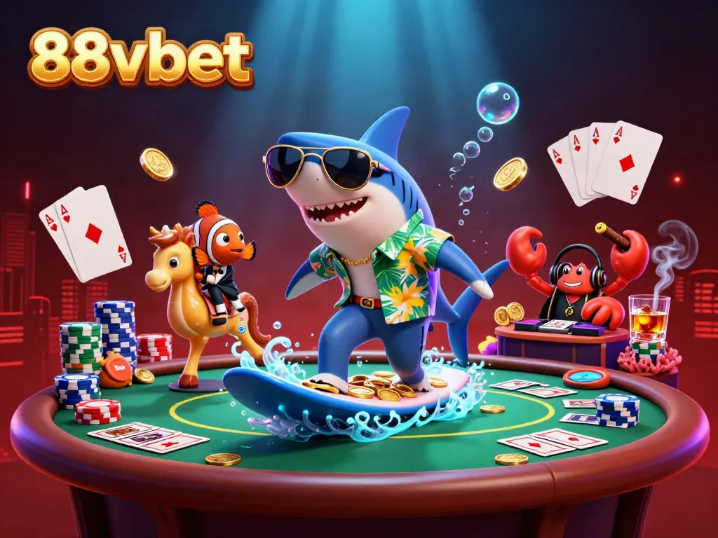 Engage with 88vbet's vibrant casino atmosphere featuring a shark mascot amid poker elements.