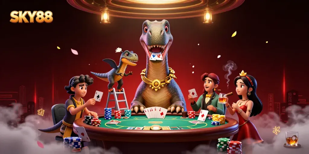 Engage with the exhilarating SKY88 adventure featuring vibrant casino action in a lively 3D scene.