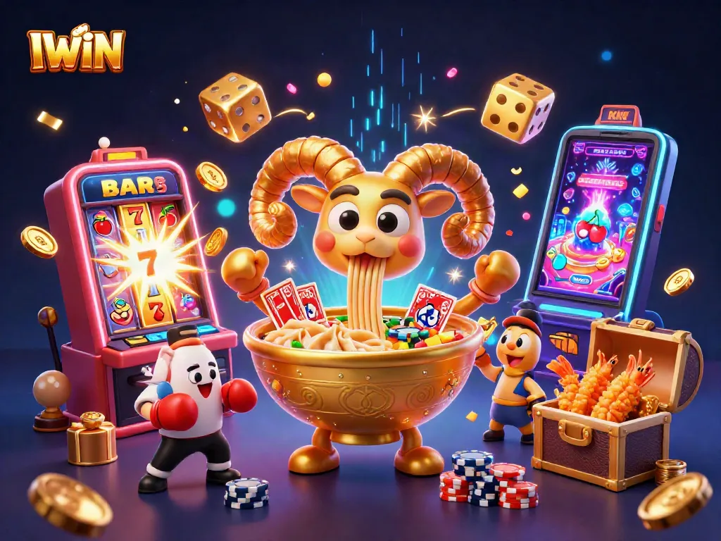 IWIN game action illustrated with a golden ramen bowl dealer surrounded by vibrant casino elements and jackpots.