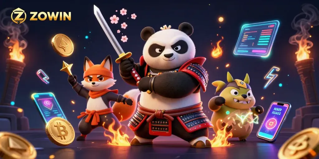 ZOWIN energizes gambling with a fierce samurai panda, dynamic ninja fox, and magical tanuki illustration.