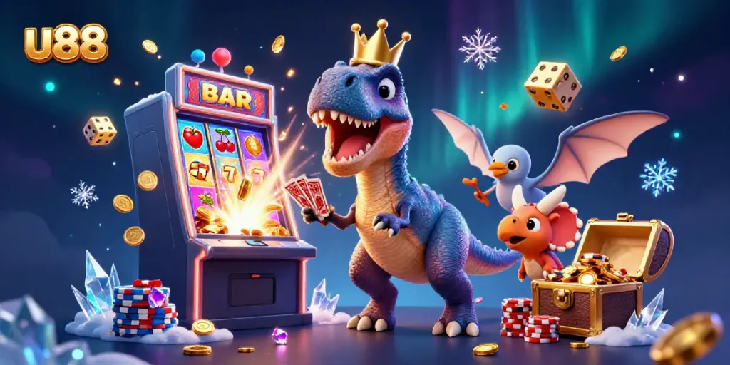 Experience the excitement of u88 with a T-Rex card shark cartoon, colorful casino elements, and jackpot thrills.