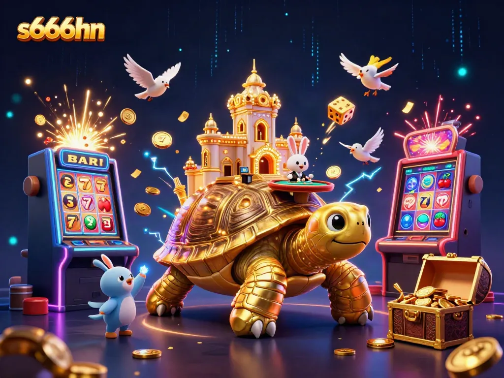 Experience big wins at s666hn with a vibrant 3D illustration showcasing a golden tortoise casino scene.