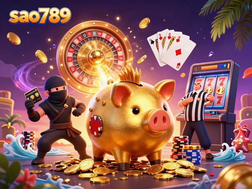 Sao789 showcases thrilling gaming action with unique characters amidst an explosion of casino elements.