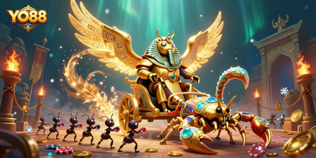 Experience the excitement of YO88 with a dynamic scene of a golden scarab beetle and sparkling casino elements.