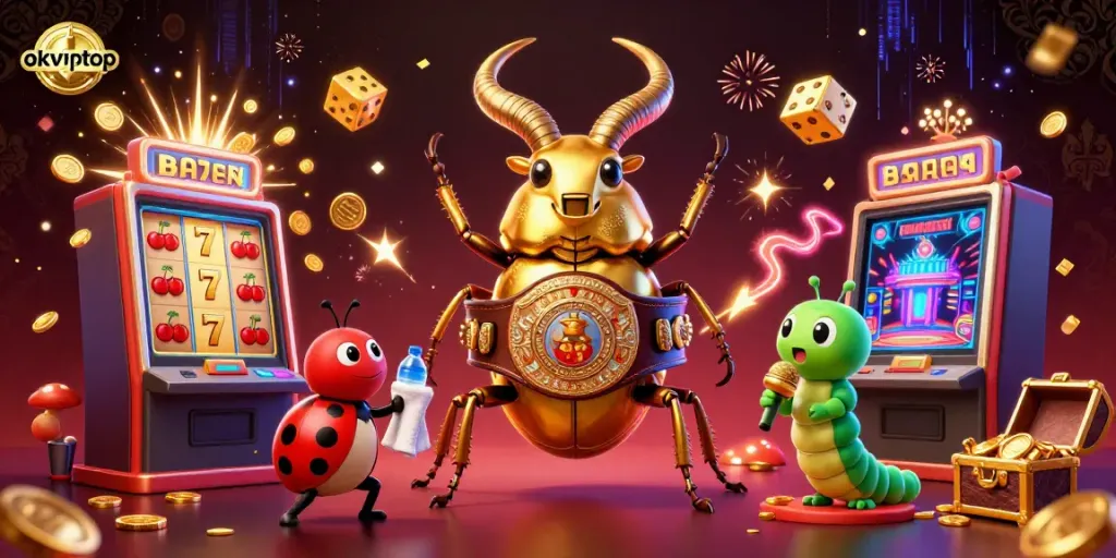 Experience the thrill of casino games with okviptop amidst a vibrant 3D scene of characters and jackpots.