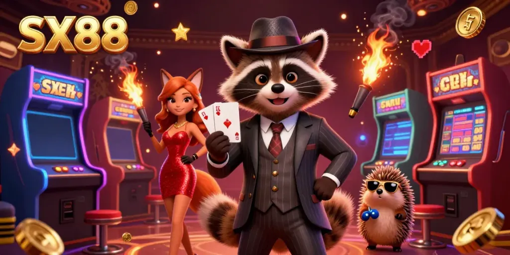 Experience thrilling gaming action at SX88 with a vibrant casino scene featuring charming characters and dynamic game elements.