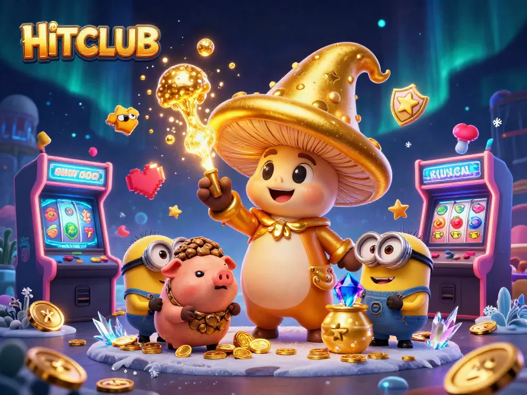 Join the HITCLUB adventure with a golden mushroom wizard and vibrant slot reels in a magical casino.