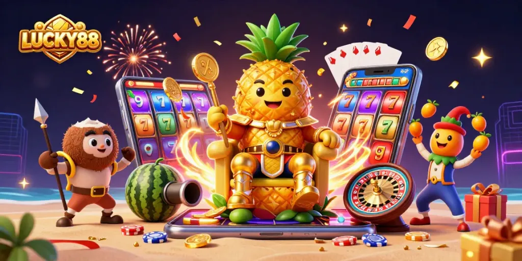 Experience exciting slots with LUCKY88 featuring a golden pineapple king and dynamic gaming elements.