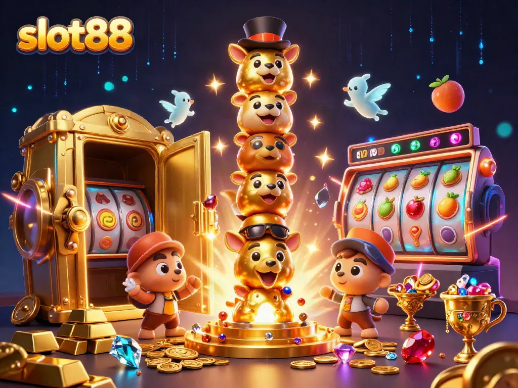 Experience vibrant slot88 gameplay with dazzling treasures in a dynamic casino scene.