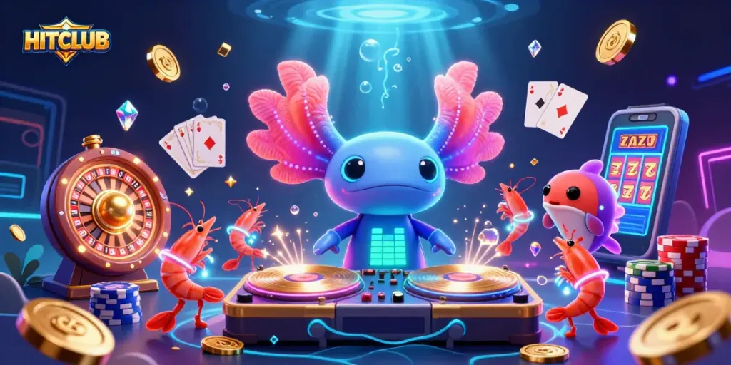 Spin the reels at HITCLUB with energetic axolotl DJ under a vibrant glow of casino lights.