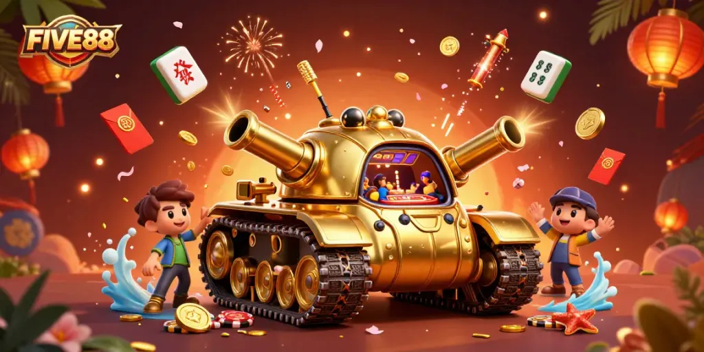 Experience the thrill of FIVE88 with a dazzling golden beetle casino illustration, featuring vibrant game elements.