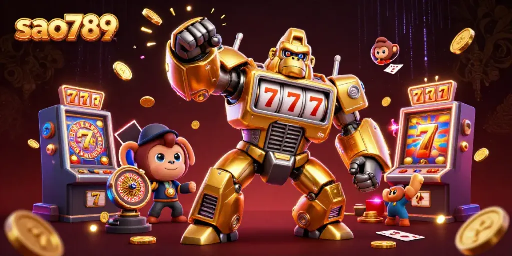 Experience thrilling gameplay at sao789 with a dynamic gorilla mech celebrating casino wins amidst vibrant gaming elements.