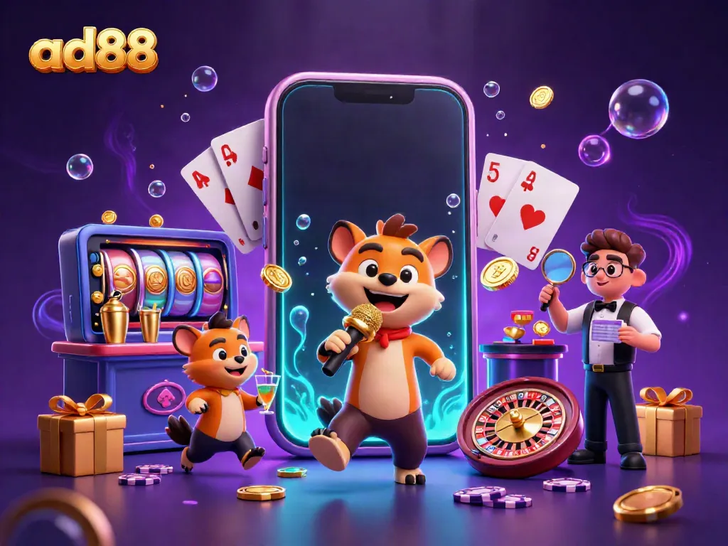 ad88 showcases a lively casino scene with hyenas as entertainers, perfect for engaging players.