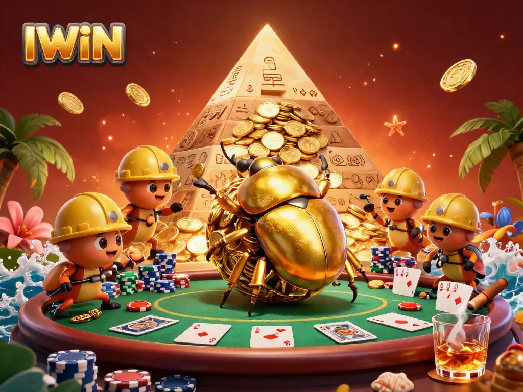 IWIN casino illustration showcases golden beetles rolling coins amidst poker elements, vibrant scene.