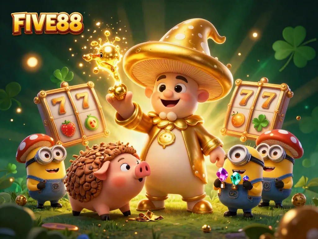 Experience the magic of FIVE88 through thrilling slot games and fantasy characters in a vibrant 3D illustration.