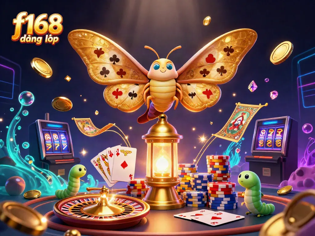 Experience the excitement of f168 đăng nhập with vibrant casino elements, a majestic moth, and golden treasures.