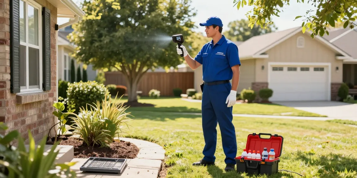 Pest control technician conducting an inspection for pests in a residential backyard.