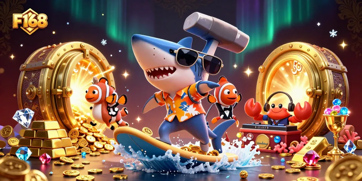 F168 showcases a lively casino theme with characters surfing on golden coins, illustrating exciting gaming action.