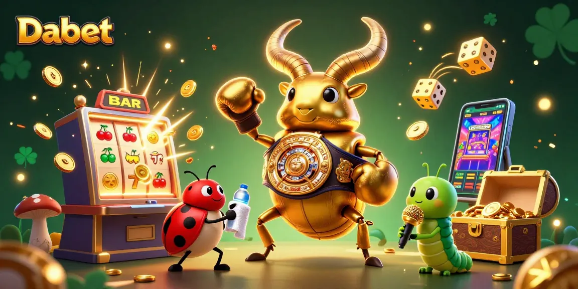 Dabet brings excitement as a golden stag beetle battles with lively casino elements in a vibrant 3D scene.