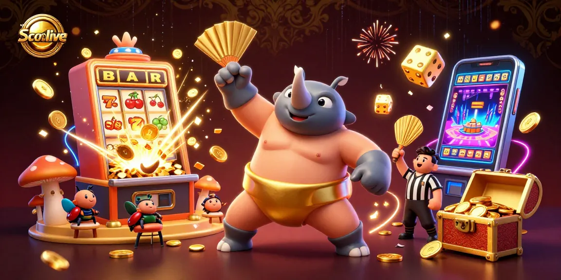 Socolive features a dynamic 3D illustration where a beetle sumo champion slams down, scattering gold coins amid a vibrant casino atmosphere.