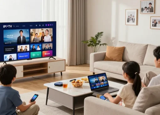Family enjoying IPTV streaming in a modern living room with Smart TV and cozy atmosphere.