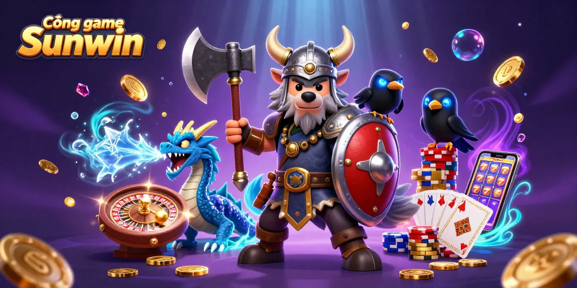 Cổng game Sunwin showcases a Viking wolf warrior with a dragon, among casino elements like roulette and slot machines.