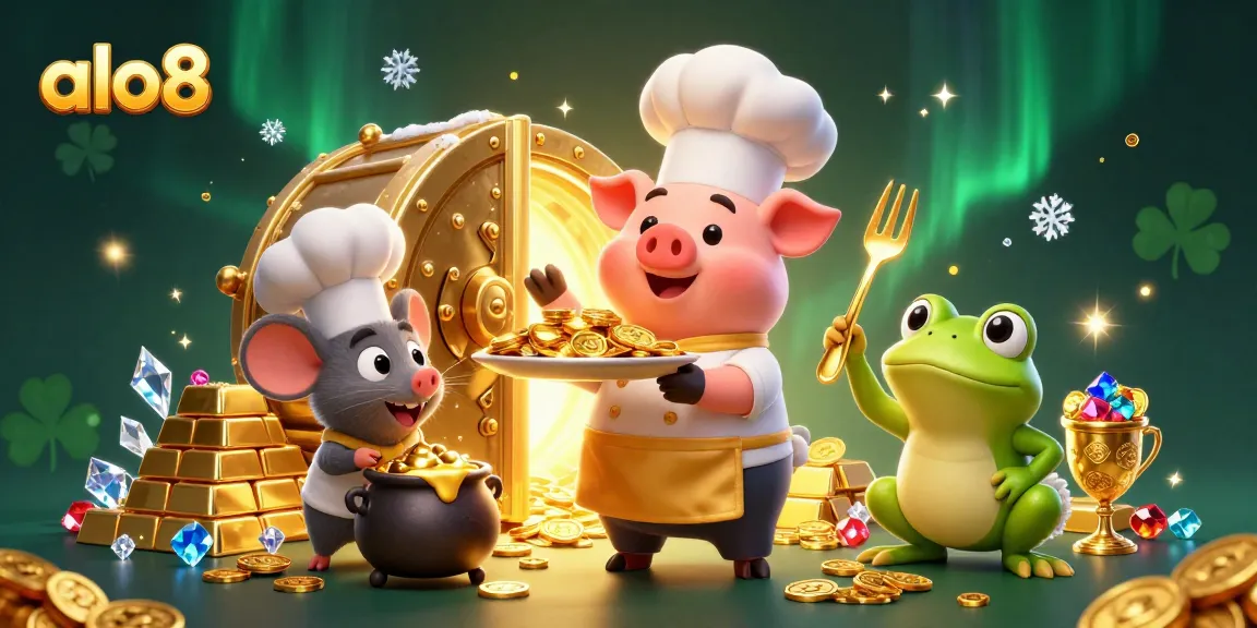Play and win with alo8, a fun casino scene filled with coins, gems, and characters celebrating wins.