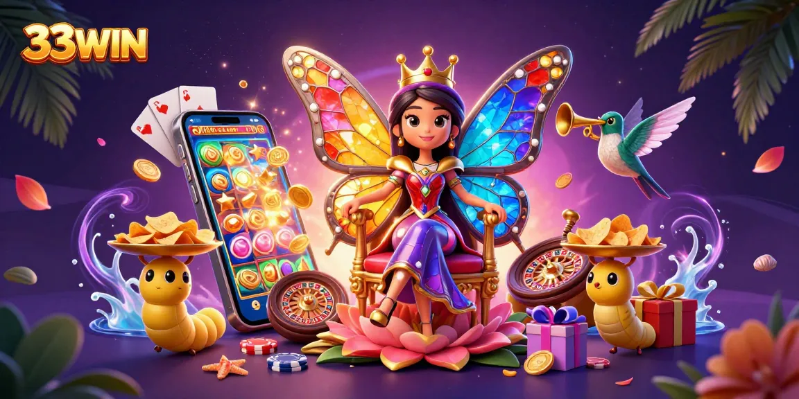 Engage with 33WIN's dynamic gaming scene featuring vibrant characters and exciting casino elements.