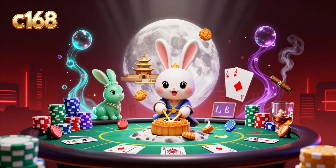 c168 showcases a moon rabbit revealing poker chips in a vibrant 3D casino scene.