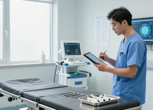 Healthcare professional examining patient data with medical instruments in modern clinic.
