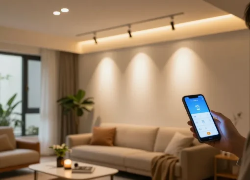 O persoană ajustând intensitatea spoturilor led într-un living modern, cu iluminat ambiental călduros.