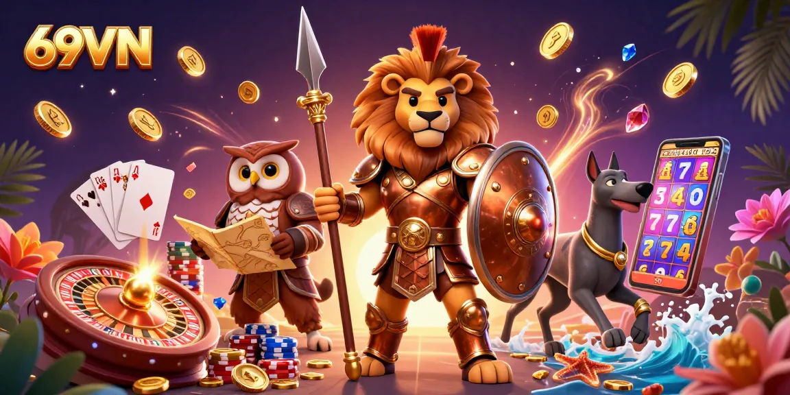 Experience thrilling game action at 69VN with dynamic casino elements and cartoon characters.