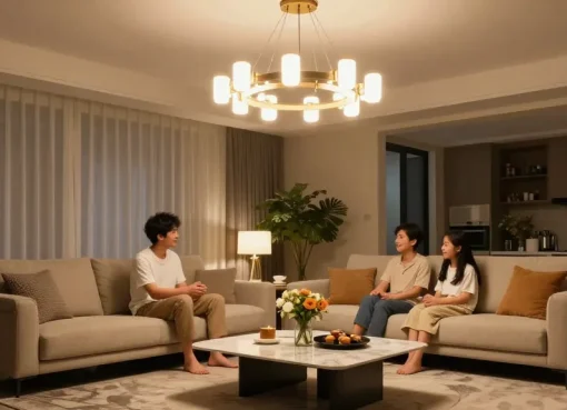 Candelabru living elegant, familie bucurându-se de o seară caldă în living cu iluminat LED sofisticat.